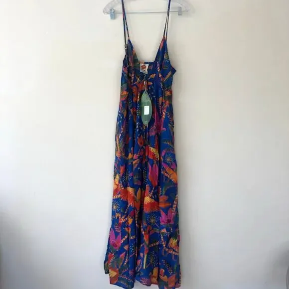 Farm Rio Cover Up Macaw Party Blue Beaded Ties Dress Multicolor Size L - Picture 2 of 11